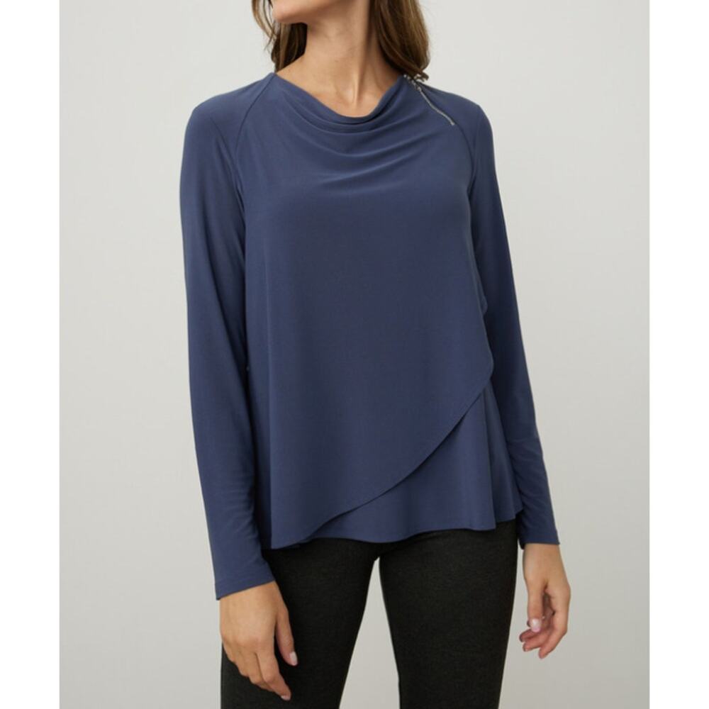 JOSEPH RIBKOFF Zipper Detail Jersey Top Blouse Draped Cowl Neck Purple Size 12